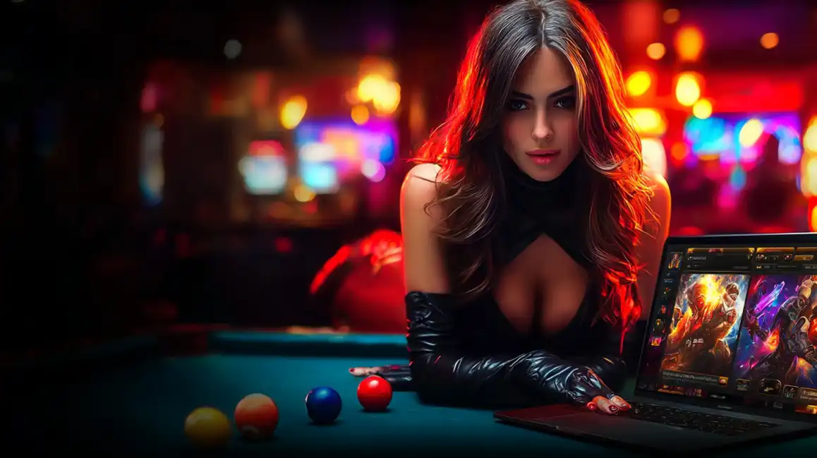Attractive brunette woman in black outfit playing casino games on laptop with billiard balls on table in atmospheric lighting
