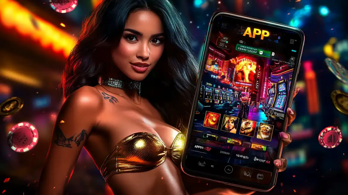 Attractive woman in gold metallic top displaying mobile casino app interface with floating poker chips in neon casino atmosphere