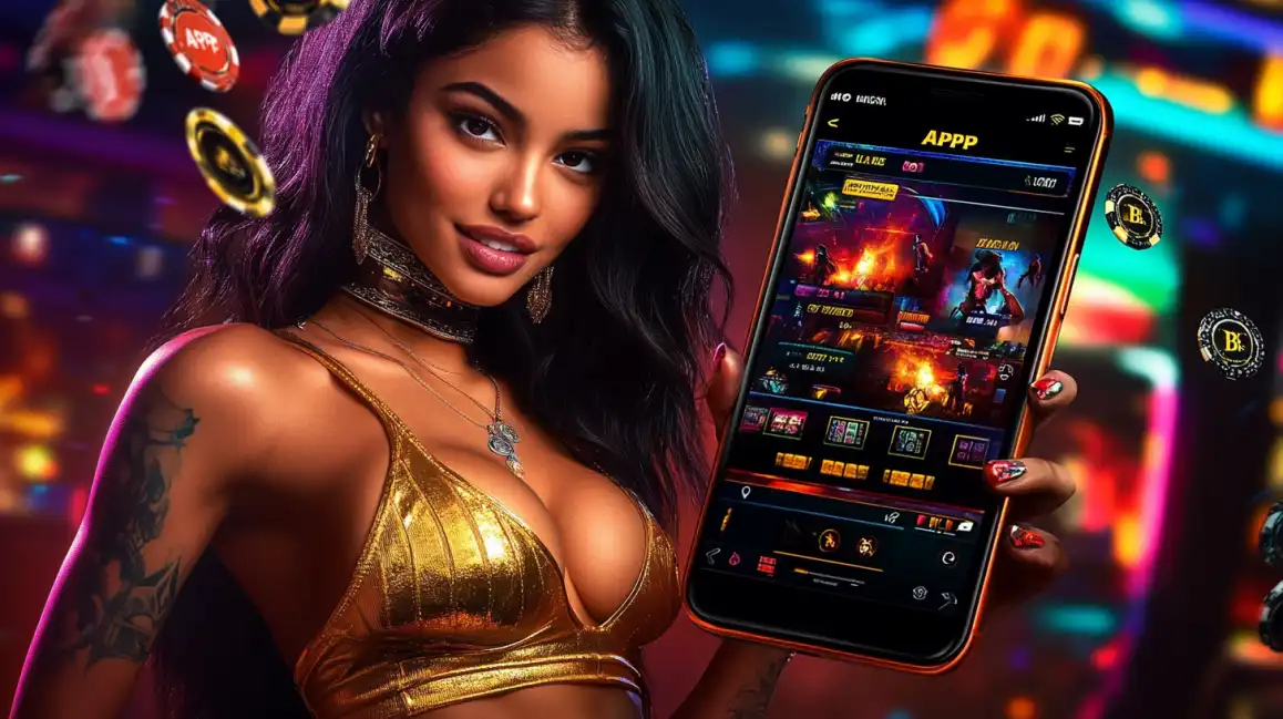 Elegant woman in gold dress showcasing mobile casino app with game selection and floating casino chips in vibrant lighting