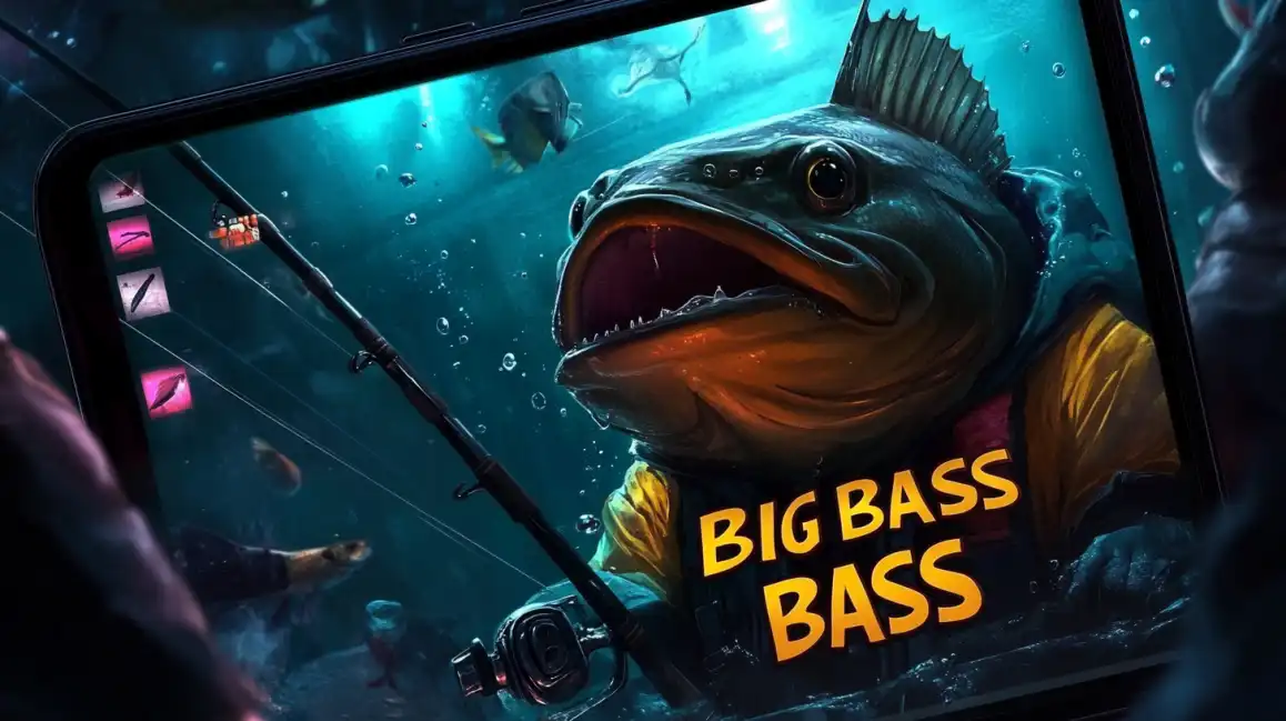 Big Bass Bass fishing-themed slot game on tablet showing underwater scene with large bass fish and fishing equipment