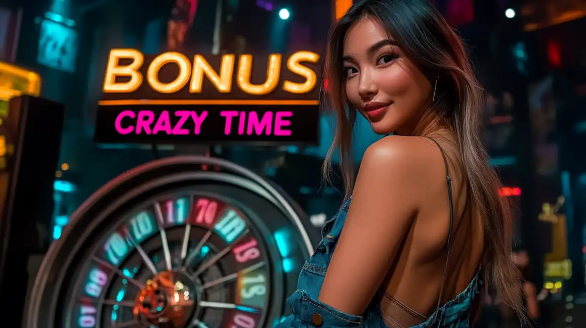 Attractive brunette woman posing next to Bonus Crazy Time game wheel in vibrant neon casino environment