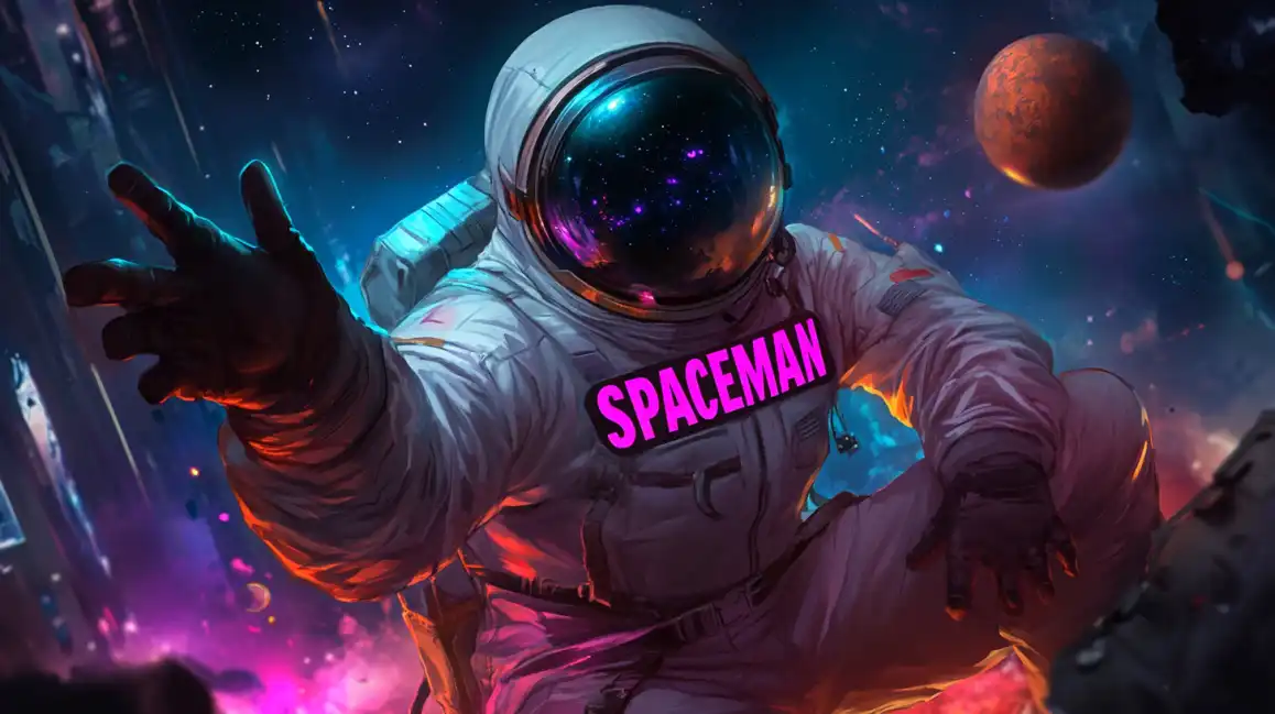 Astronaut in space suit floating in cosmic scene with planets and stars for Spaceman casino game theme