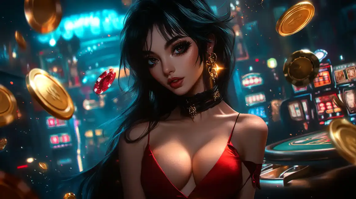 Beautiful brunette woman in red dress surrounded by floating gold coins and casino slot machines in background