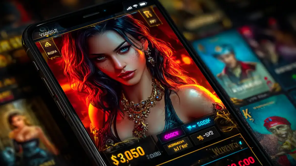 Mobile slot game showing attractive female character with $3,050 winnings display on smartphone screen