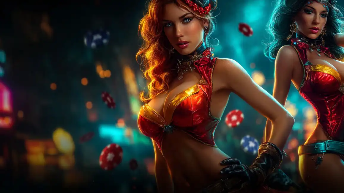Two attractive women in western-style casino outfits with floating poker chips and dice in atmospheric lighting