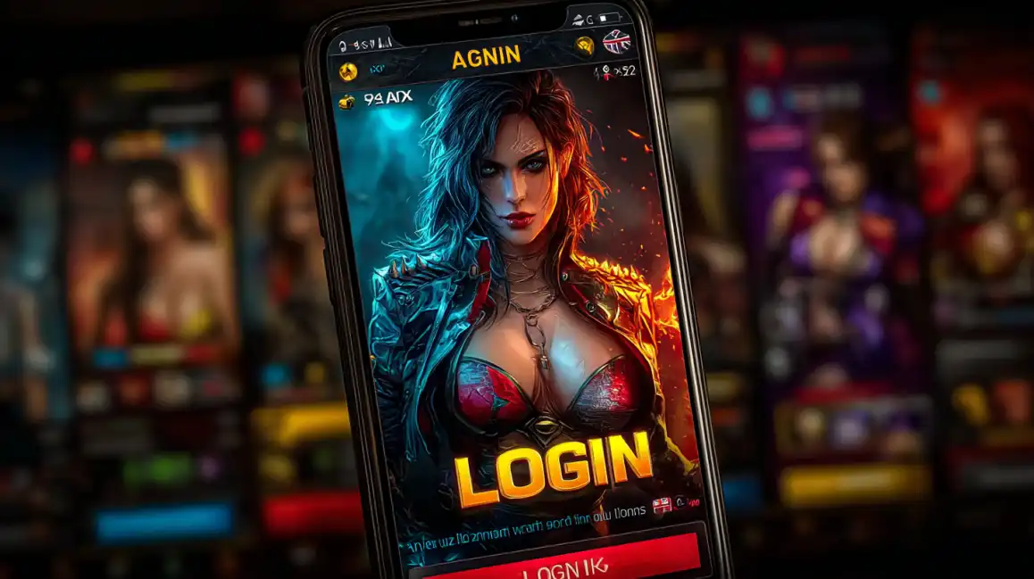Mobile casino login screen featuring fantasy character with fire and ice elements in atmospheric game interface