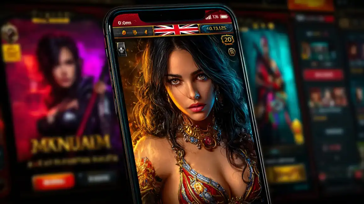 Mobile casino app displaying fantasy female character with UK flag and ornate jewelry in game interface