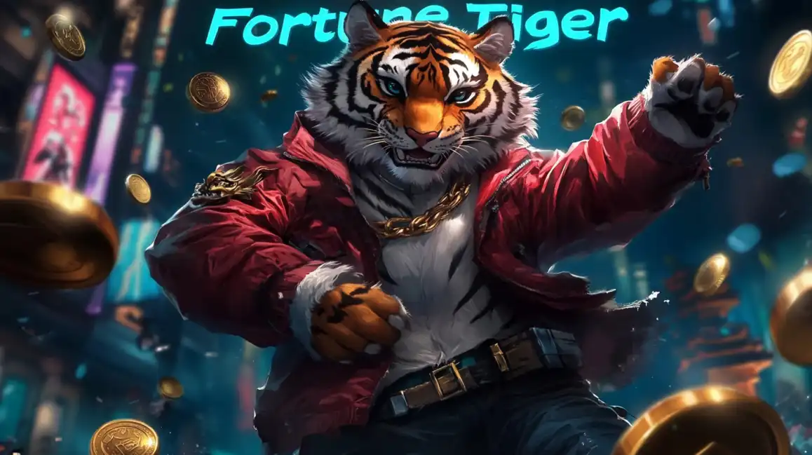 Fortune Tiger slot game featuring anthropomorphic tiger character in red jacket with floating gold coins in casino atmosphere