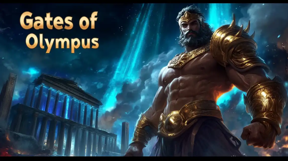 Gates of Olympus slot game featuring powerful Zeus character with golden armor in ancient Greek temple setting