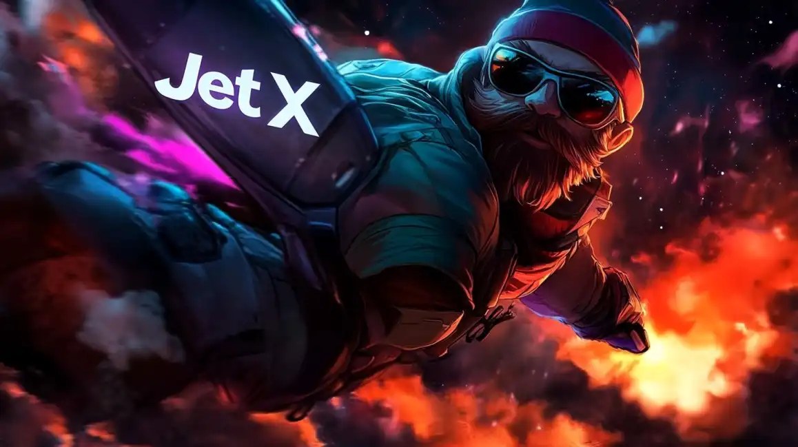 JetX crash game showing pilot character with goggles flying through dramatic sky with explosive effects and neon lighting