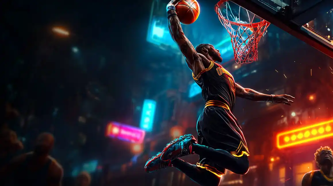 Dynamic basketball player dunking ball in dramatic neon-lit arena atmosphere for sports betting theme