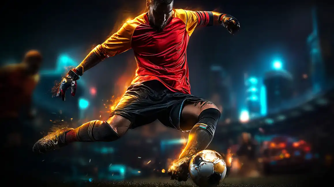 Professional soccer player in red uniform kicking ball with explosive energy effects in stadium lighting